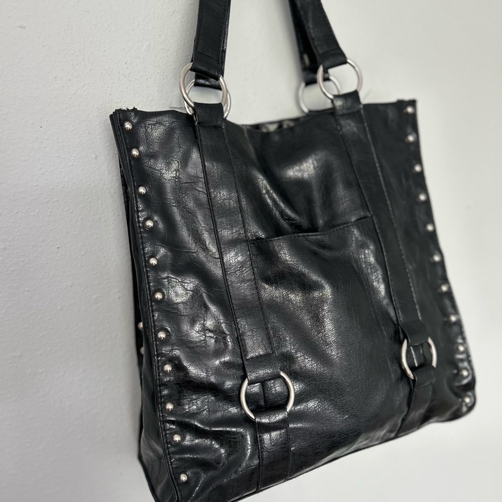 Black vegan studded handbag/purse/tote. Great for travel or laptop. Sassy!